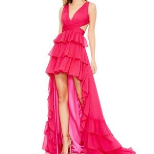 Mac Duggal Hot Pink RUFFLE TIERED CROSS OVER HIGH LOW GOWN
